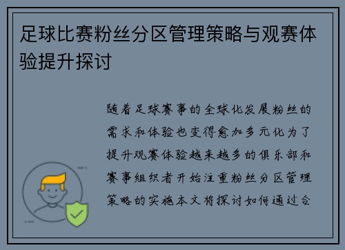 足球比赛粉丝分区管理策略与观赛体验提升探讨